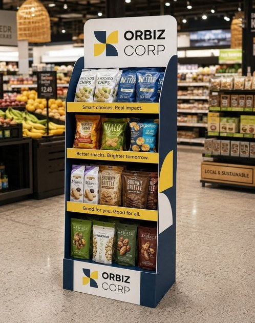 A floor-standing product display stand in a supermarket aisle