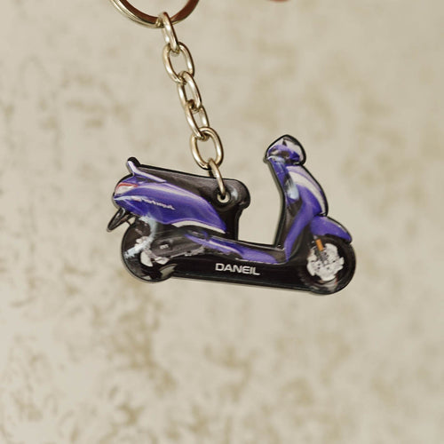 Customised Bike Shape Keychain, Purple Scooter With Name