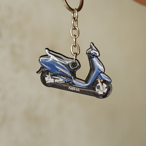 Customised Bike Shape Keychain, Blue Scooter With Name