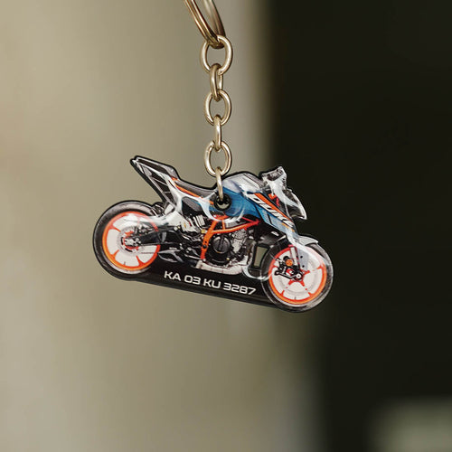 Customised Bike Shape Keychain, White And Orange Street Bike