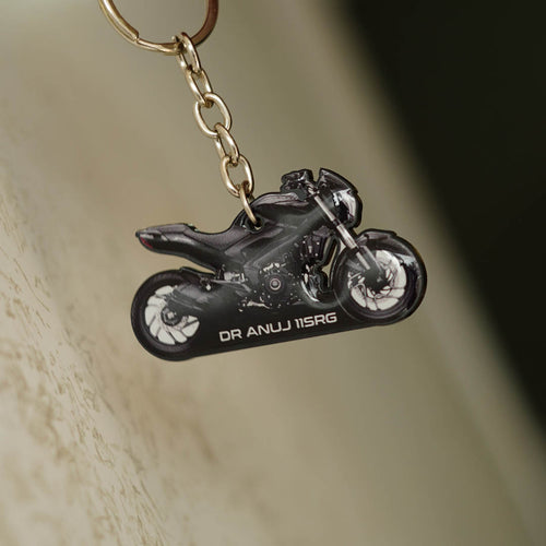 Customised Bike Shape Keychain, Black Street Bike With Name