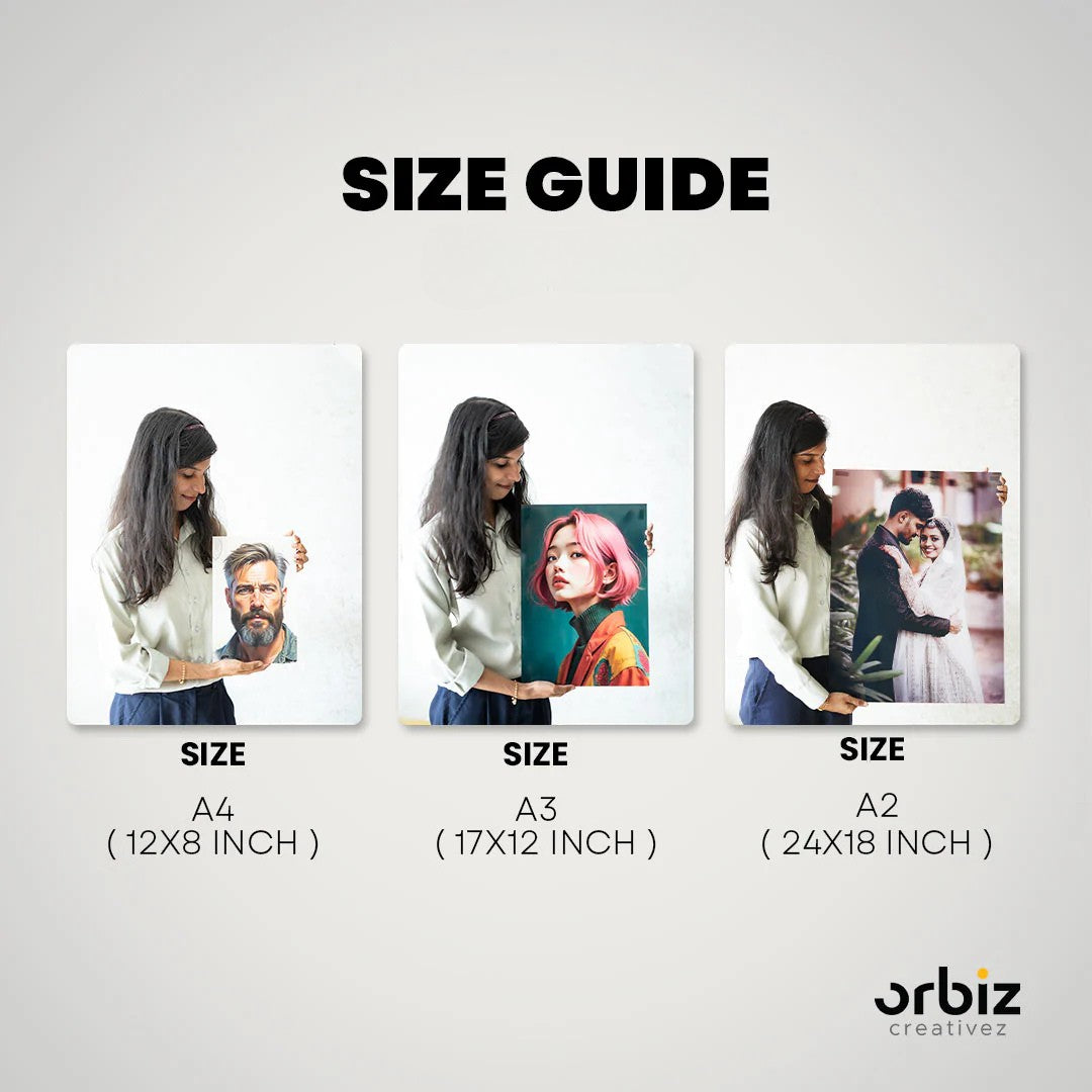 Size guide showing A4, A3 and A2 frames held by a person