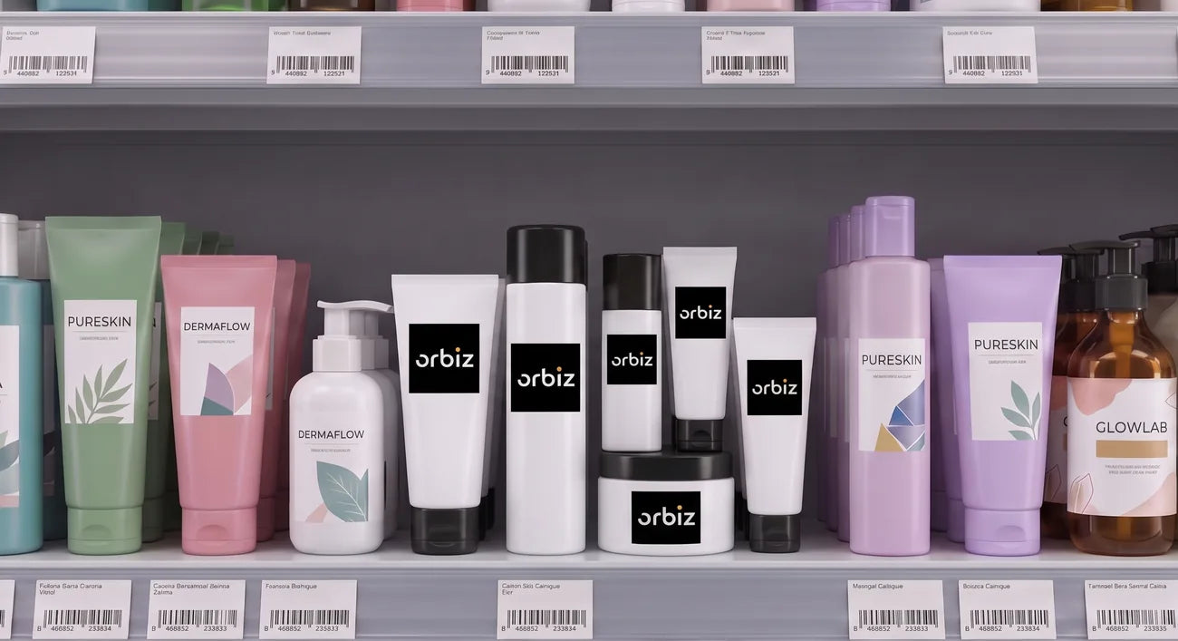 A skincare shelf with products in plain rows