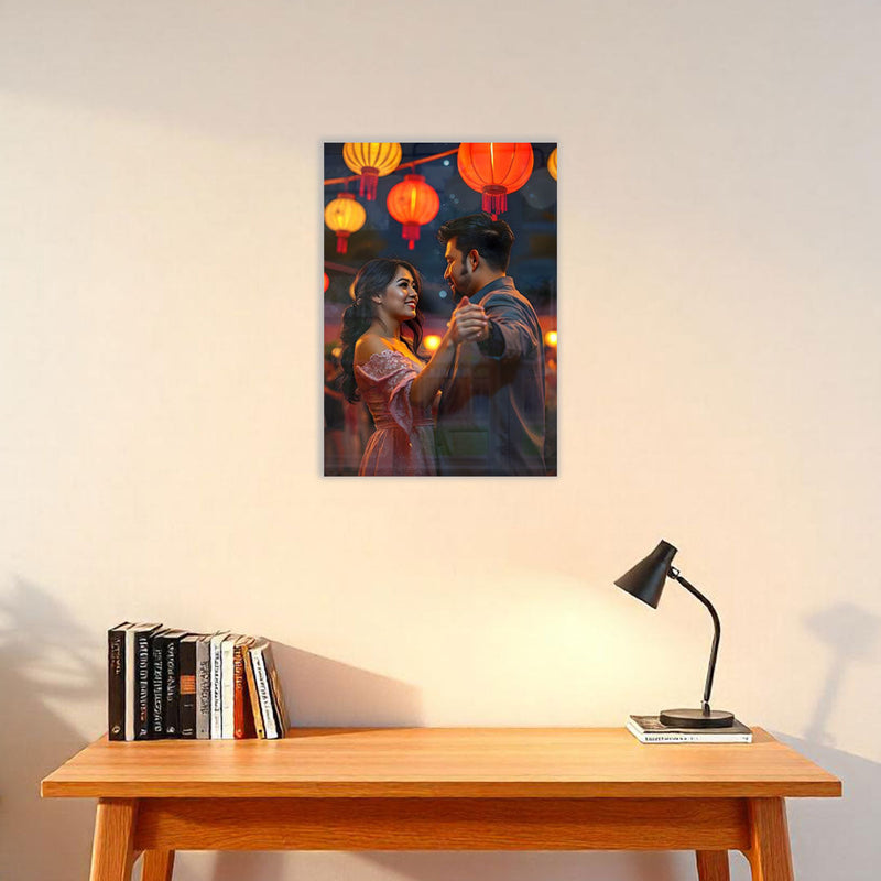 A UV-printed acrylic photo frame on a wall above a desk