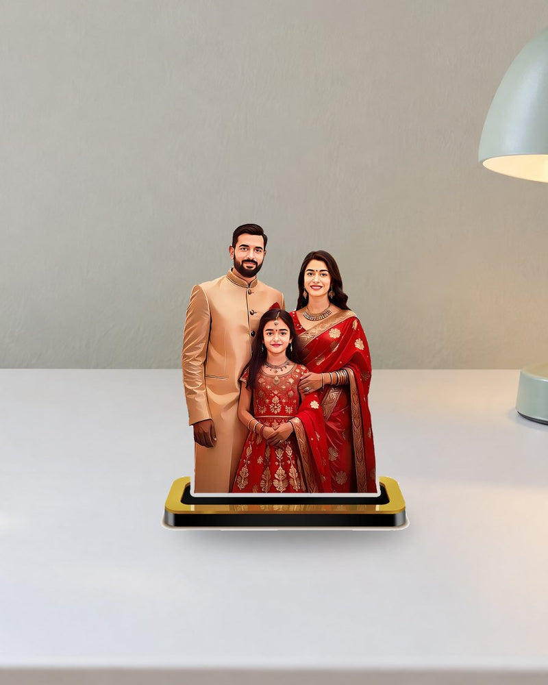 A family caricature standee by Orbiz Creativez on a desk