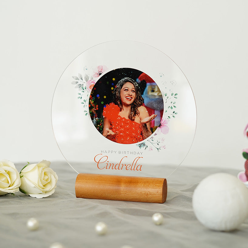 Acrylic Frameless UV Printed Photo Frame With Wooden Holder - Round Shape - Orbiz Creativez