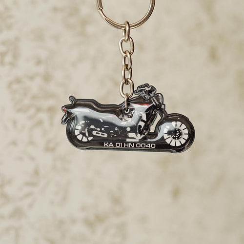 Customised Bike Shape Keychain, Black Cruiser With Number