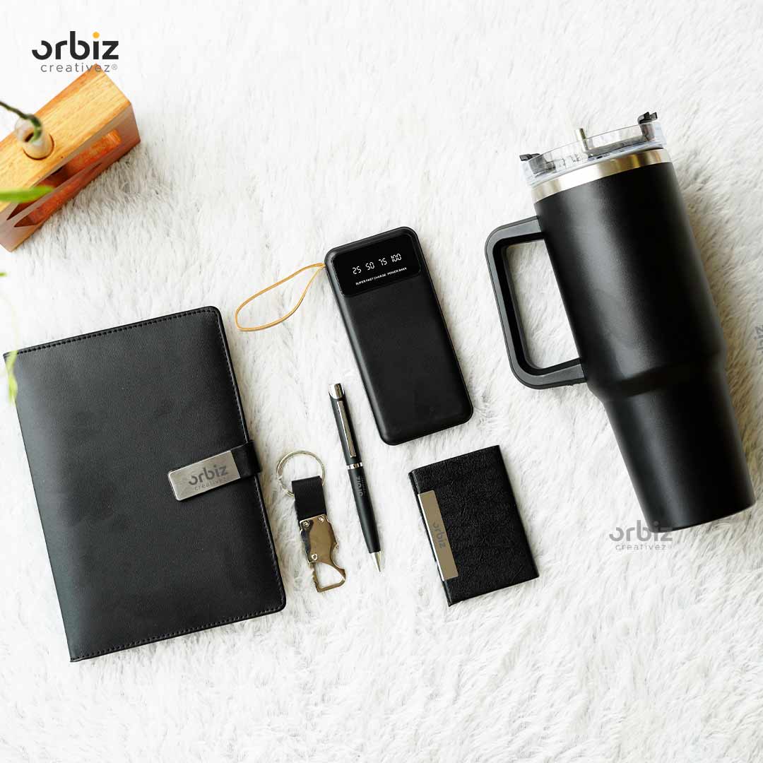 Premium Customized Corporate Gift Set – Diary, Tumbler Bottle, Pen, Keychain, Power Bank & Card Holder