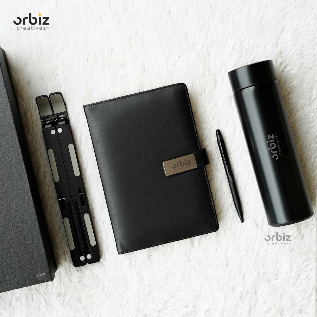 Customized Corporate Gift Set – Diary, Metal Pen, Water Bottle & Laptop Stand
