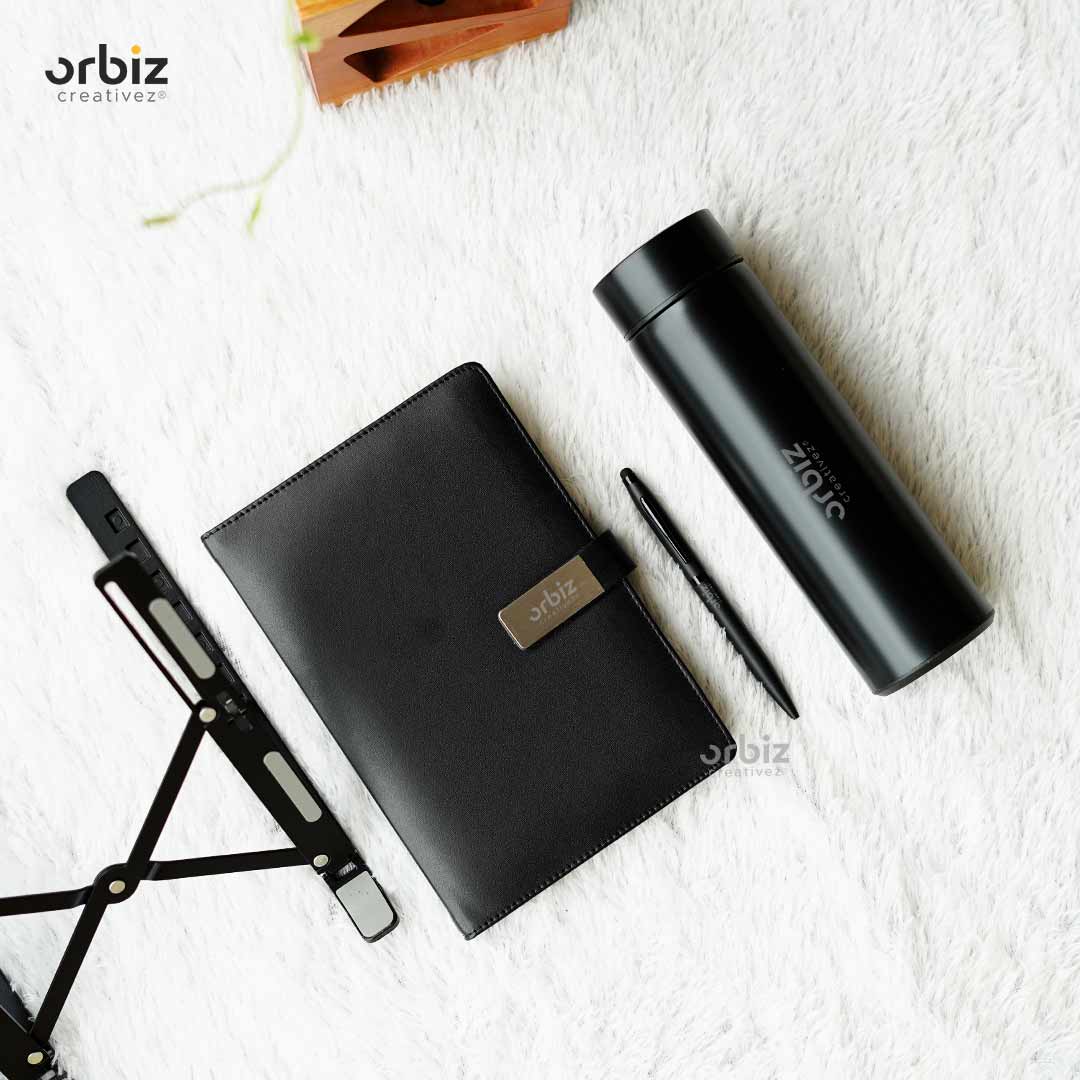 Customized Corporate Gift Set – Diary, Metal Pen, Water Bottle & Laptop Stand
