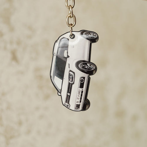 Customised Car Shape Keychain, White Hatchback Side View