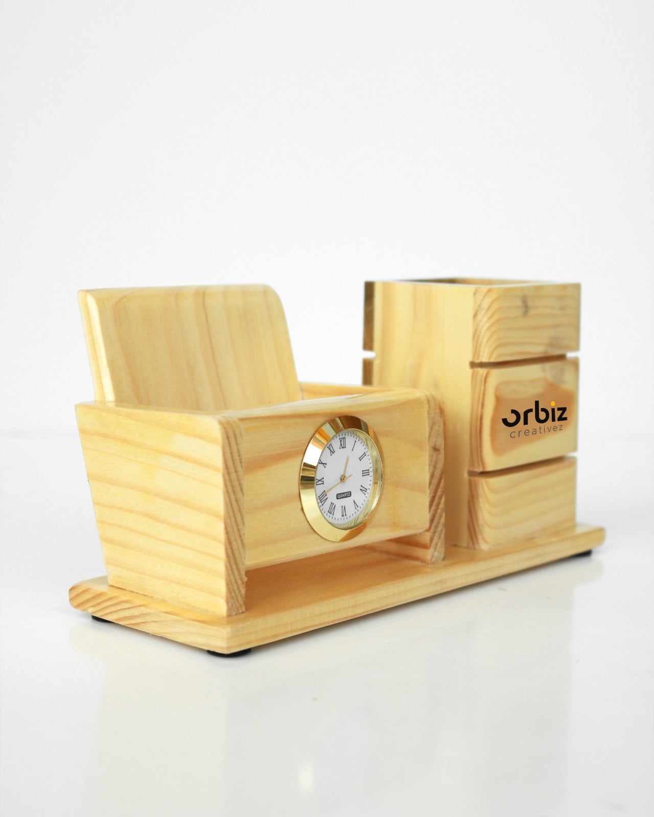 Wooden Pen Holder With Clock - Orbiz Creativez