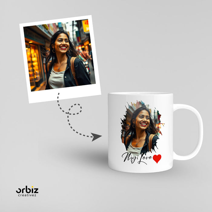 A white mug printed with a customer photo and name