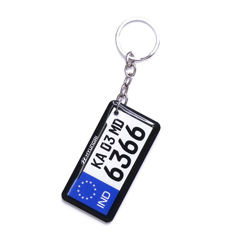 Number Plate Keychain, White With Blue IND Band And Gel