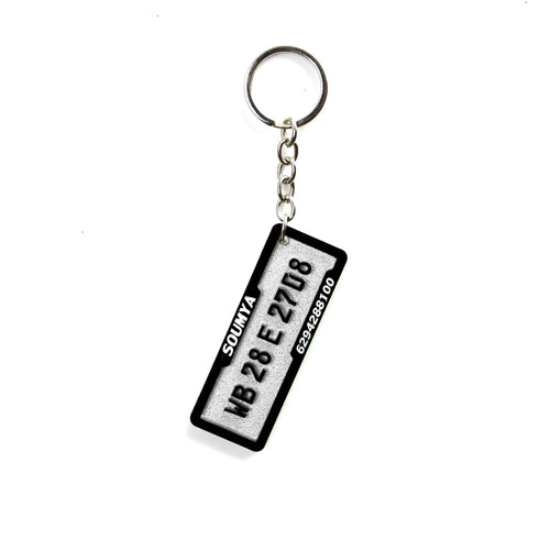 Number Plate Keychain, Slim Silver Glitter Name And Phone