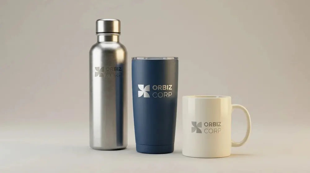 Branded bottle, tumbler and mug