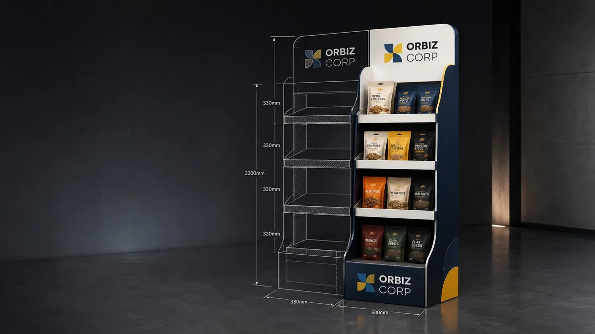 A display stand shown half as a line drawing and half finished
