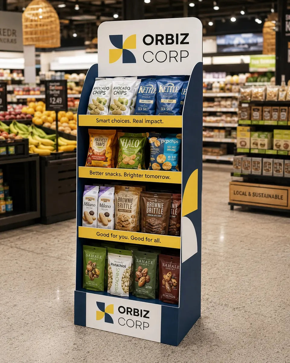 A printed floor stand loaded with snack packs in a supermarket aisle