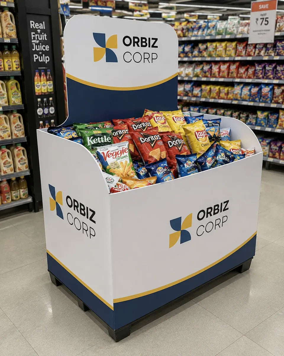A printed dump bin full of snack packs