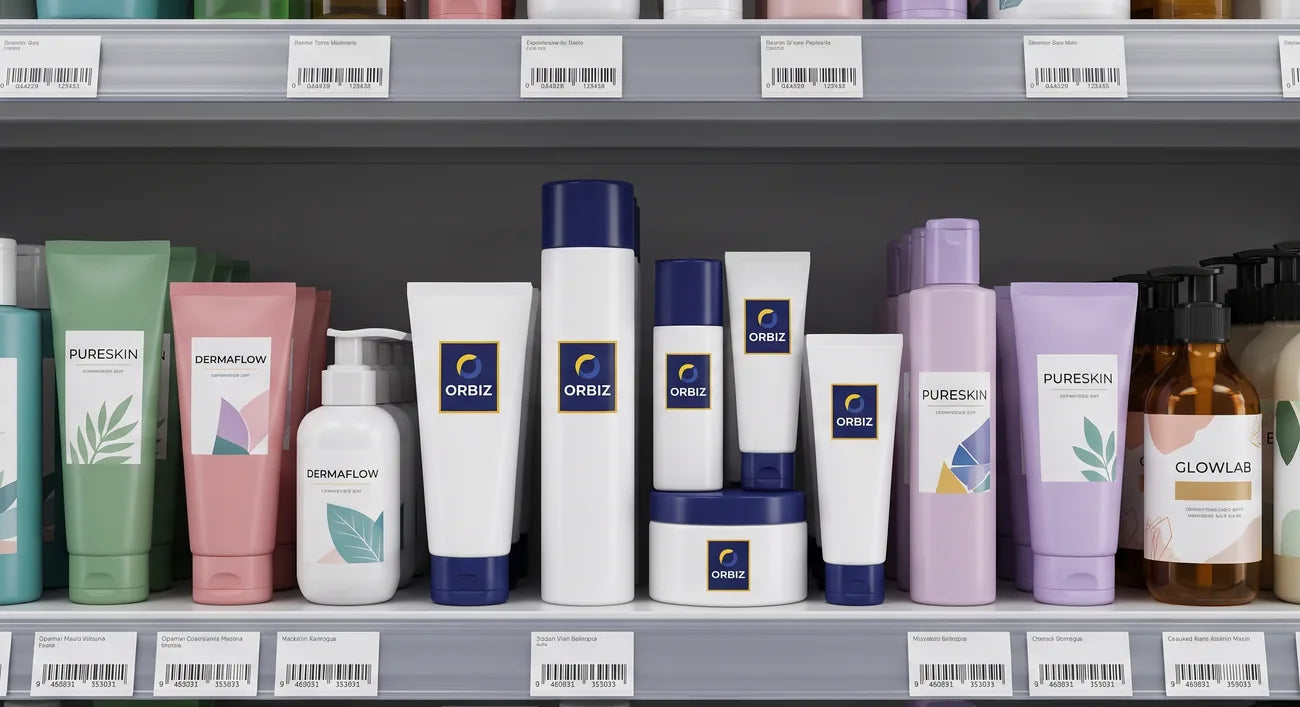 A skincare shelf with products in plain rows